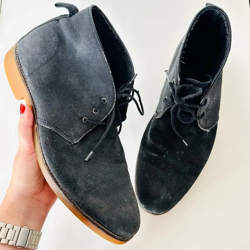 MENS BANANA REPUBLIC Grey Black Suede Canvas Chukka Ankle Boots Lace Up Shoes 11